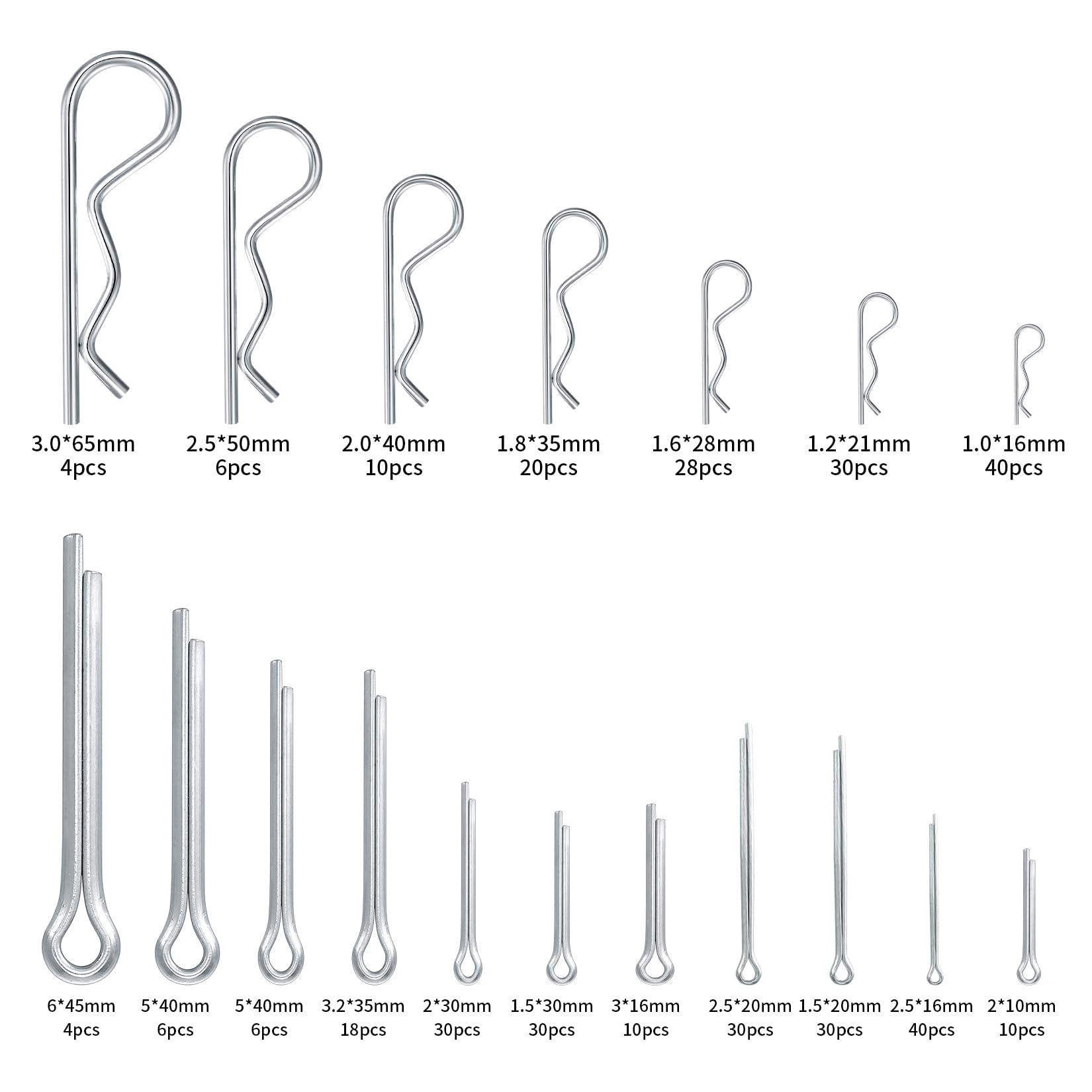 Assortimento di Coppiglie Elastiche Cotter Pins, Spaccate e R Clips Set per Trattori Auto