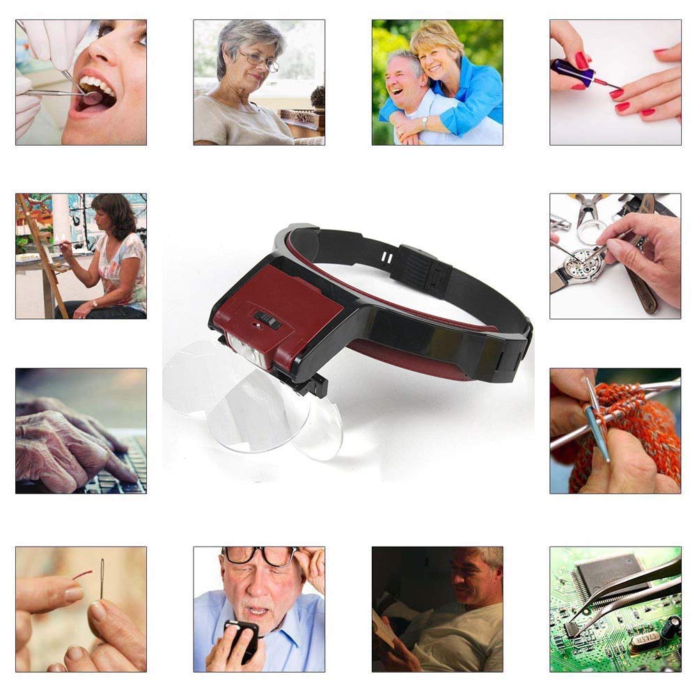 Lupa, Lupa con Luz - Zoom De 1.7X, 2X, 2.5X, 3.5X con 4 Lentes Desmontables - Lupa De Cabeza con Diadema Manos Libres para Pasatiempos, Lectura, Joyería, Manualidades, Agua