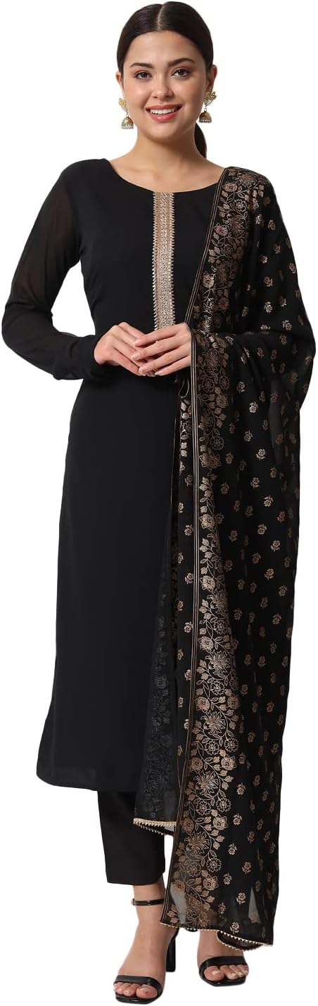 Women's Black Poly Crepe Straight Kurta with Pant and Dupatta SET0060
