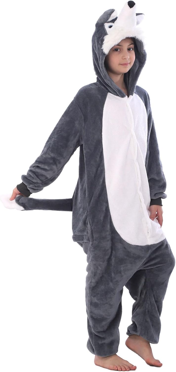 Animal Hooded Costume for Kids Boys Girls Flannel Onesie Halloween Cosplay One Piece Husky - Image 4