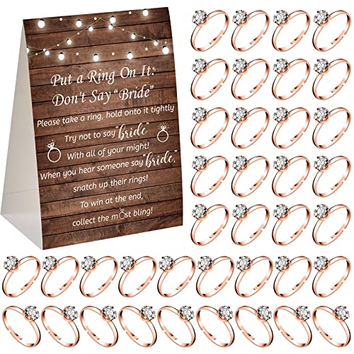Woanger Put a Ring on It Bridal Shower Game with 50 Fake Rings, Rustic Greenery Theme Wedding Shower Games Wedding and Engagement Rings and Not Say Bride Rules Cards(Elegant,Rose Gold)