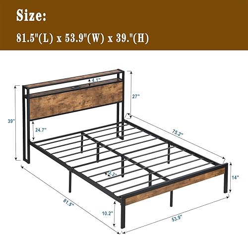 Miniatura 2 de Base de cama industrial tamaño matrimonial, marco de cama de plataforma con tomas de corriente y 2 puertos USB y con cabecera de almacenamiento de 2