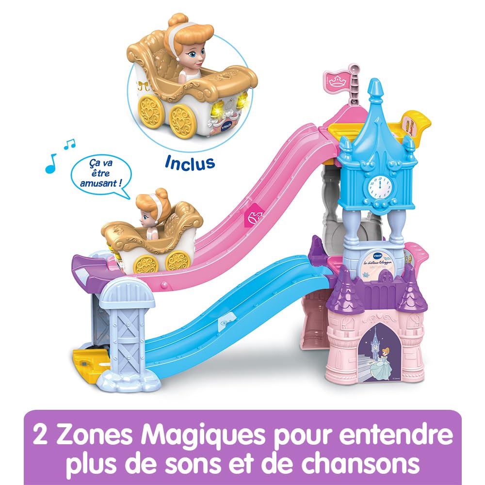 VTech - Tut Tut Bolides Disney Princesses, Le Château-Toboggan Enchanté avec Carrosse de Mariage de Cendrillon, Circuit Voitures, 2 Zones Magiques, Cadeau Enfant de 1 an à 5 Ans - Contenu en Français