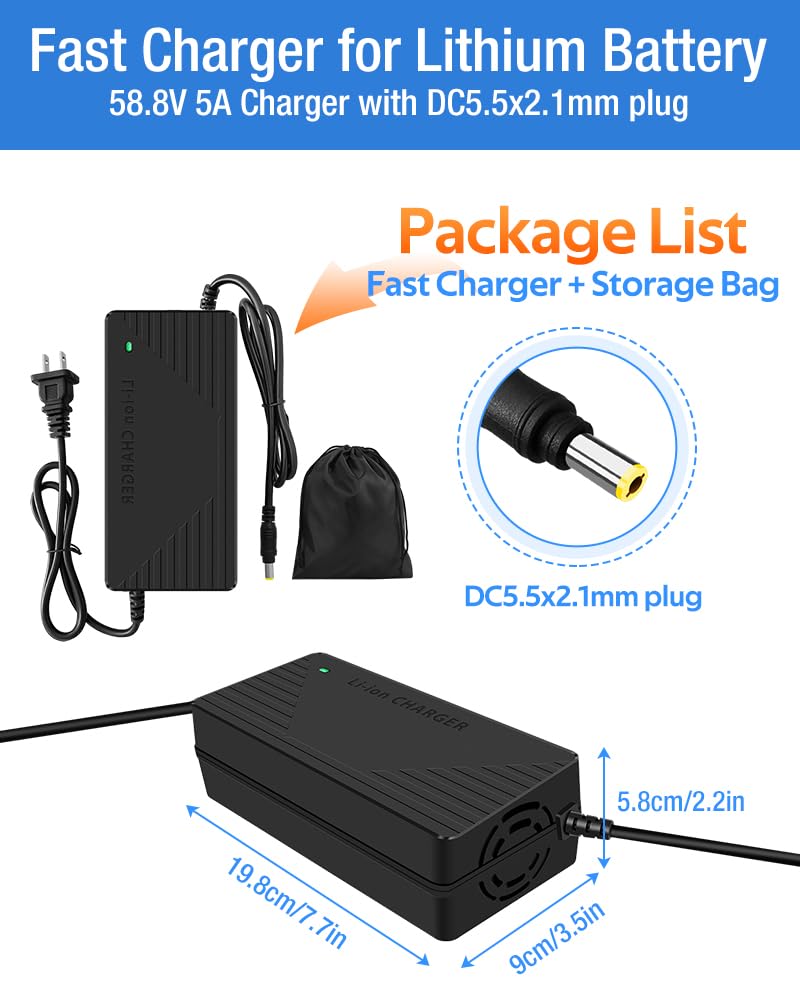 58.8V 3A / 5A Super Fast Charger for 52V Lithium Battery,No Adapter,2 Types of Plugs to Choose from,More Secure.Compatible with Most Plugs. with Cooling System (DC5.5x2.1mm plug-5A)