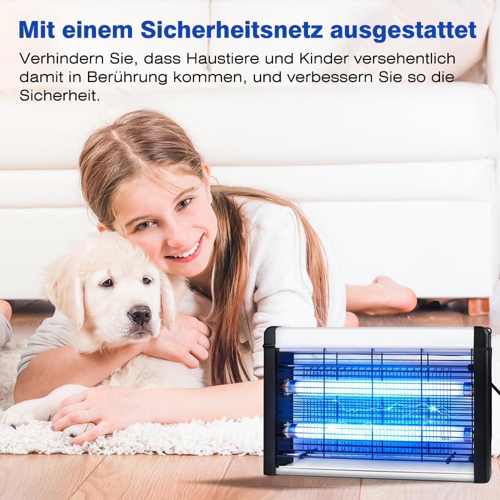 Insektenvernichter Elektrisch, Leistungsstark 3500V & 20W UV Elektrische Fliegenfalle, Mückenlampe mit Waschbares Tablett und Aufhängekette Geeignet für Schlafzimmer, Wohnzimmer, Esszimmer