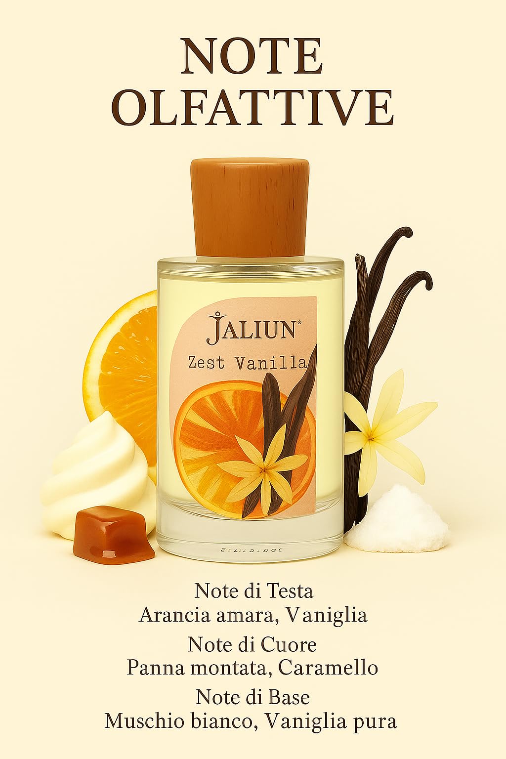 Jaliun Zest Vanilla Extrait de Parfum 100ml – Profumo Gourmand Agrumato | Note di arancia amara, panna montata e caramello. Extrait al 30%, dolce e burroso, ideale per chi ama i gourmand agrumati.