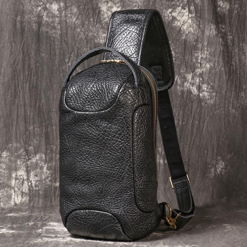 Men's Genuine Leather Sports Motorcycle Chest Bag Single Shoulder Travel Hiking