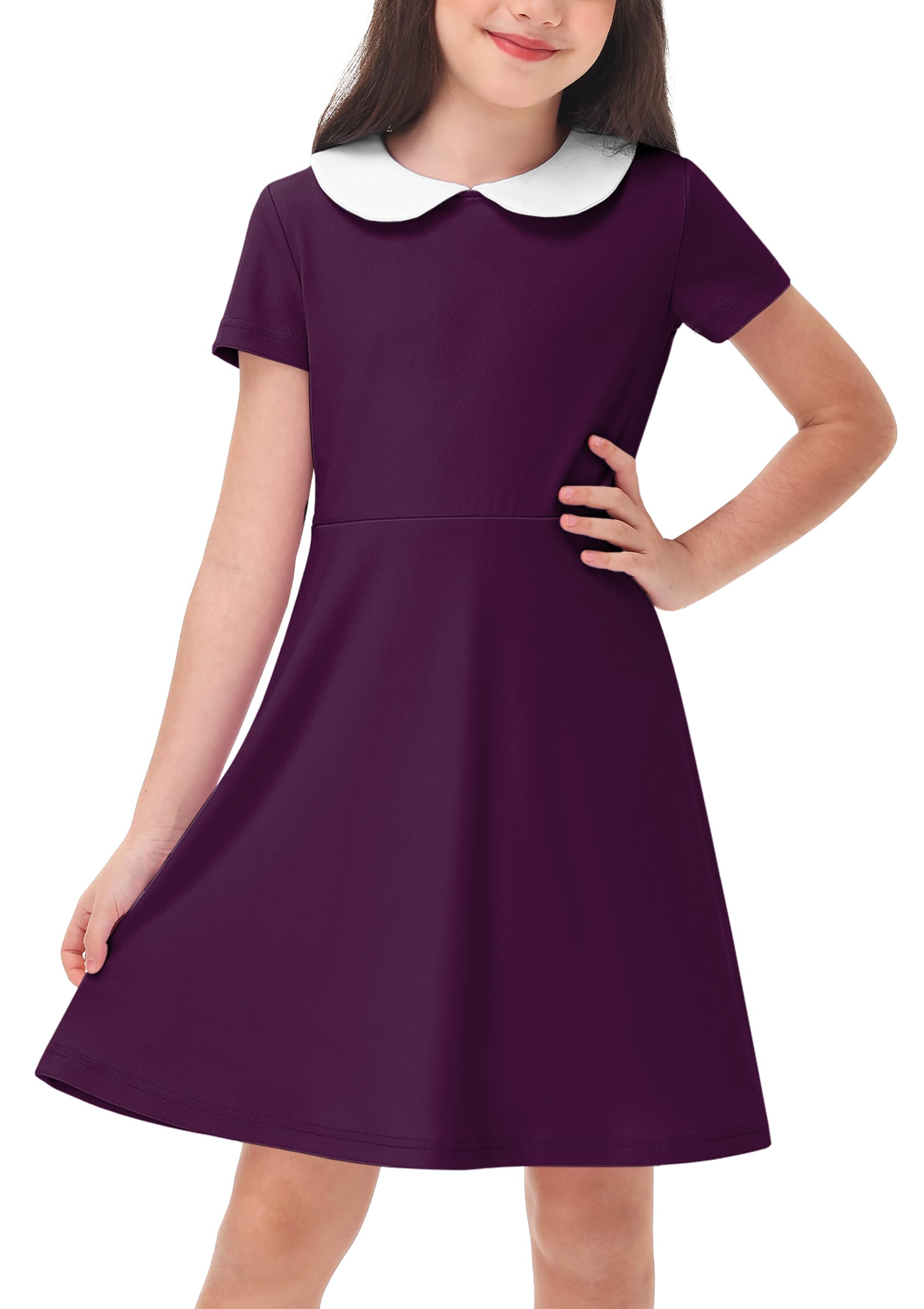 Remimi Girl's Peter Pan Collar Dress Short Sleeve Casual Flare Skater Dresses 5-14 Years