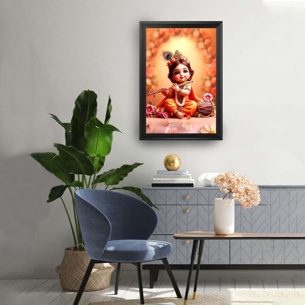 Baby Krishna Photo Frame | Shri Bal Gopal Painting | Krishna Photo Frames for Walls, Home, Bedroom, Living Room and Home Decor (Design 10, 10x15 Inches)