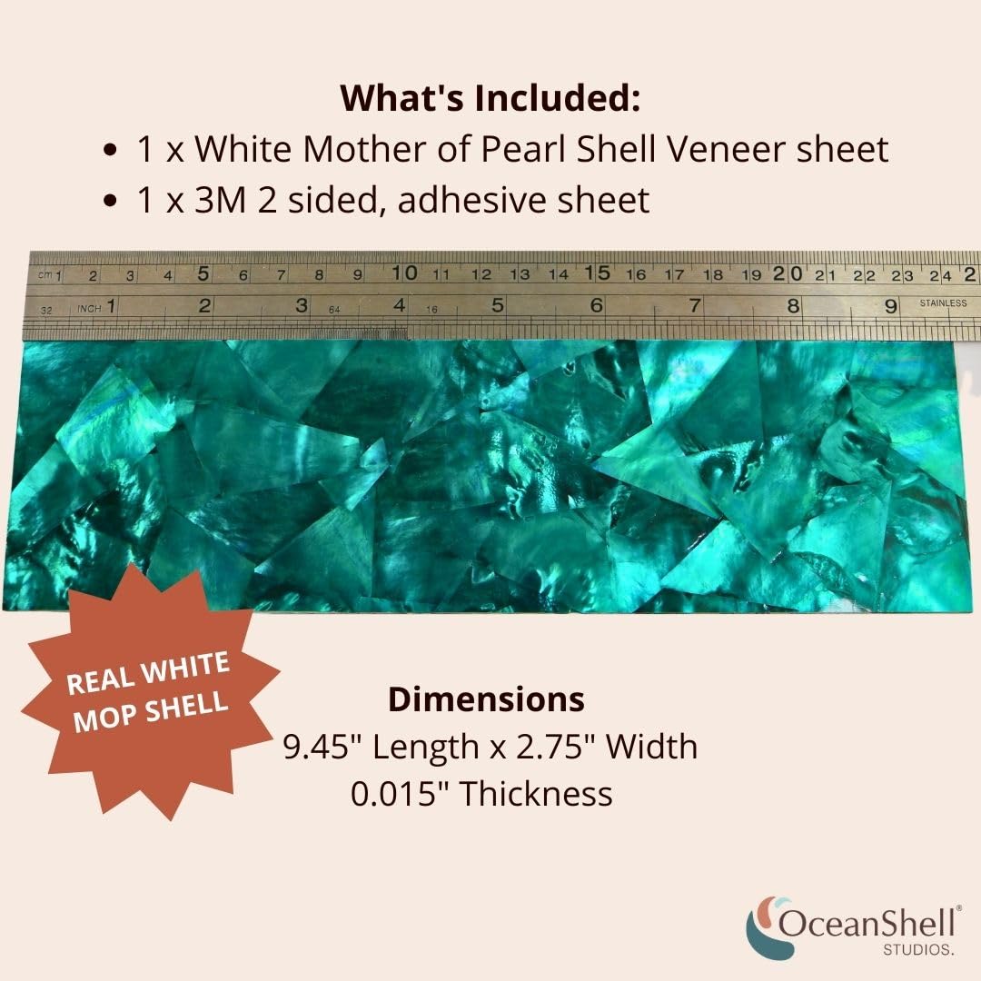 Mother of Pearl Shell Inlay Veneer for DIY or Professional Inlay Embellishments - Sustainable New Zealand Turquoise Green- with 3M Double Sided Tape Backing - 9.45