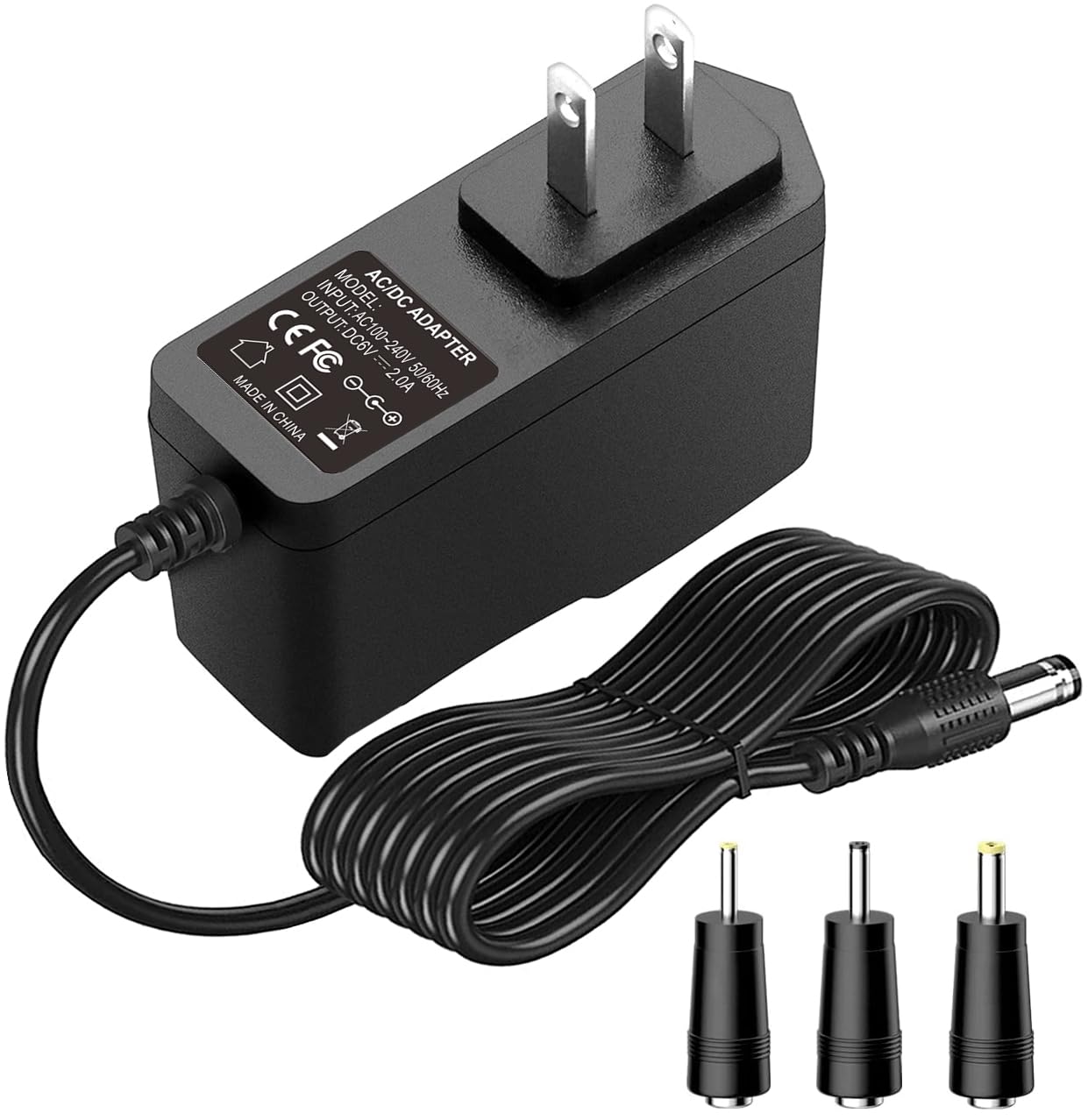 DC6V 2A Power Supply Adapter, Universal AC Adapter 6Volt 2000mA 1500mA 1000mA 500mA 400mA for Digital Blood Pressure Monitoir, Charger with 3 DC Plug Tips, 6.6 Ft Long Power Cord.