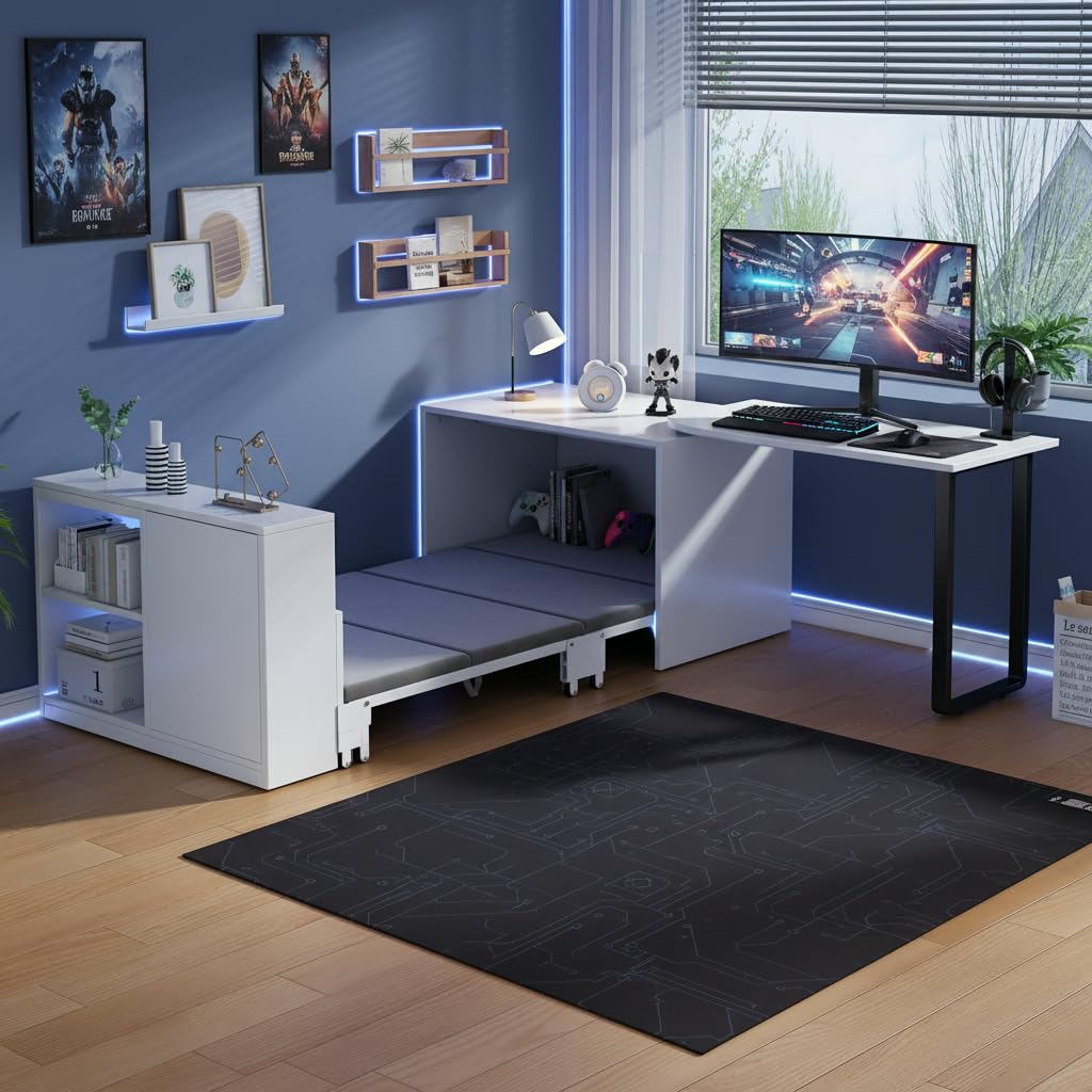 BTM 2-in-1 Klappbett mit Matratze Eckschreibtisch mit Stauraum und Rollen Bett mit Schreibtisch Schrank Gästebett Klappbar Weiß