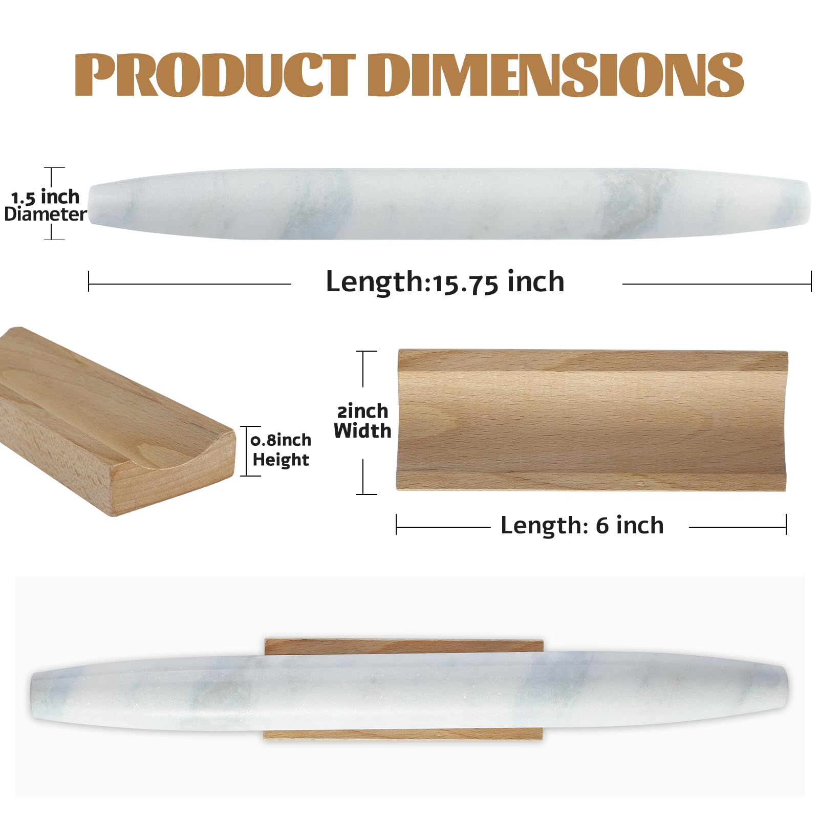 Koville Französisches Nudelholz aus afrikanischem natürlichem Marmor, 40,6 cm, antihaftbeschichtet, zum Backen, Teigroller für Nudeln, Knödel, Fondant, Kuchen, Brot, Pizza, Küchen-Backwerkzeuge (Namib