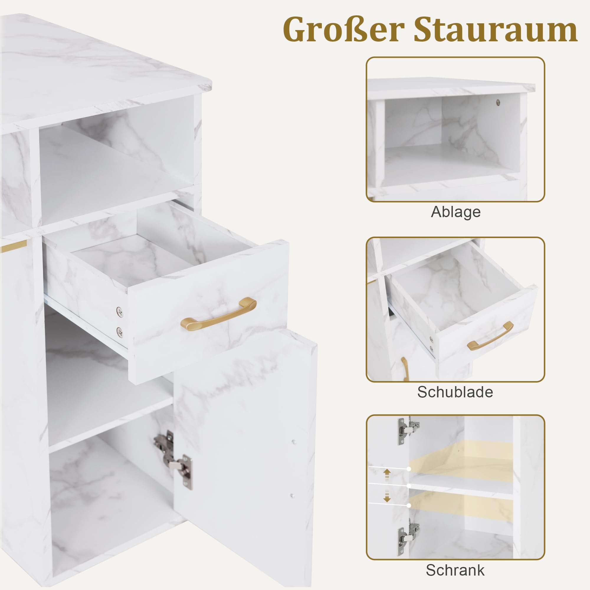 Barberpub Manikürtisch mit Schublade & Schrank, Nageltisch mit Absaugung, 3 Steckdosen, 2 Staubsaugerbeuteln, Nagelfrisiertisch Holz, Schreibtisch für Nagelstudio, Marmor-Weiß Gold, 50x110x82cm, 2491