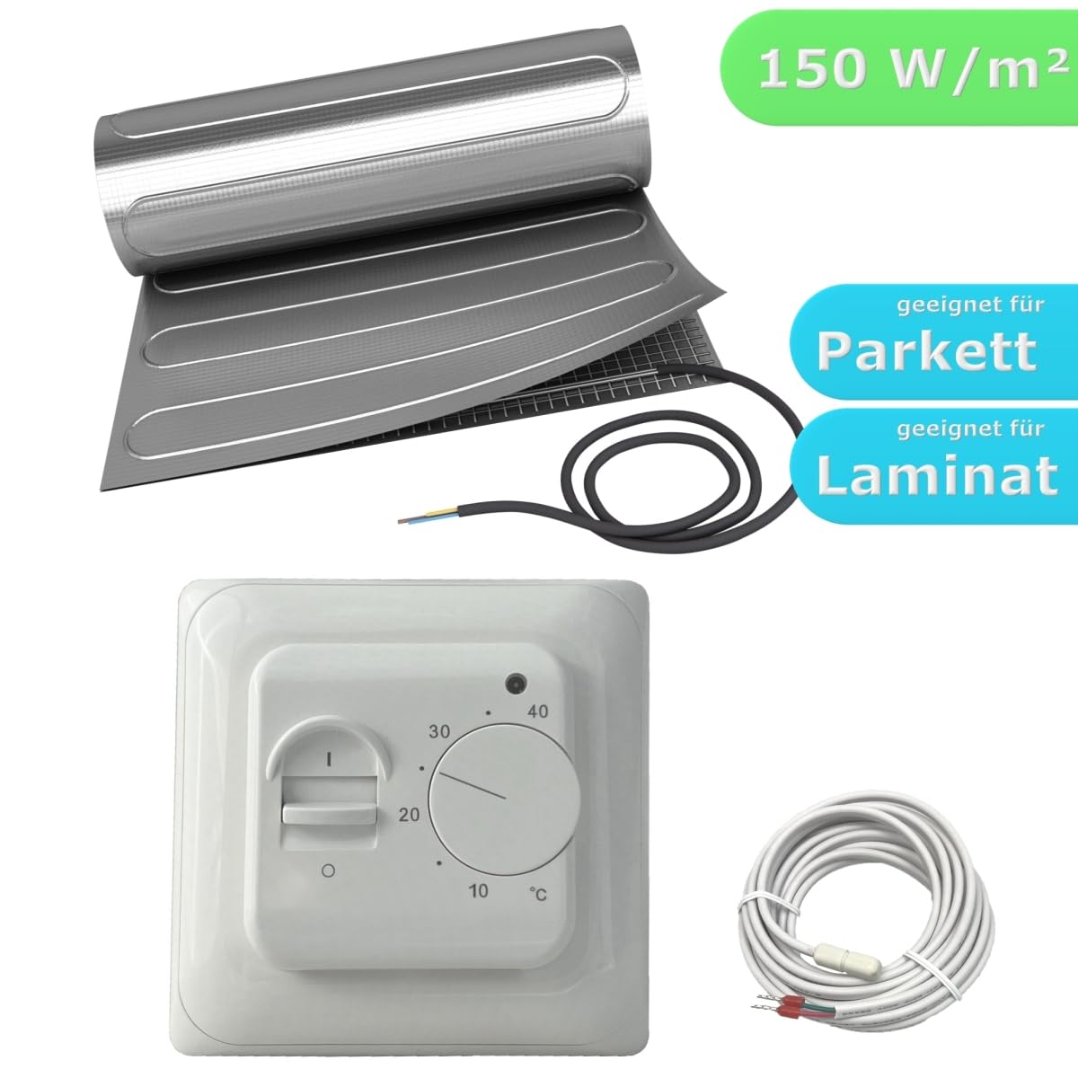 Elektrische Fußbodenheizung HoWaTech ALU für Laminat Parkett Vinyl Komplett Set TWIN Heizmatte 150 W/m² inkl. Thermostat, Heizfläche:5.00m²