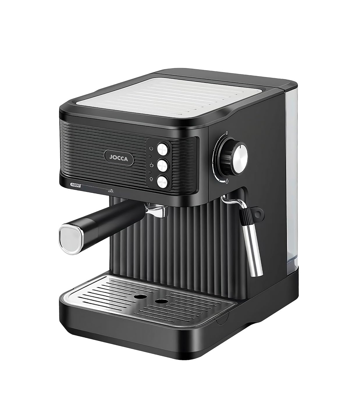 Jocca – Cafetera Espresso Linea Elegance 20 Bares | Depósito 1,8L, Bomba Italiana, 1 y 2 Tazas, Boquilla Vaporizadora, Bandeja Calienta Tazas, 850W, Bandeja de Goteo Inox