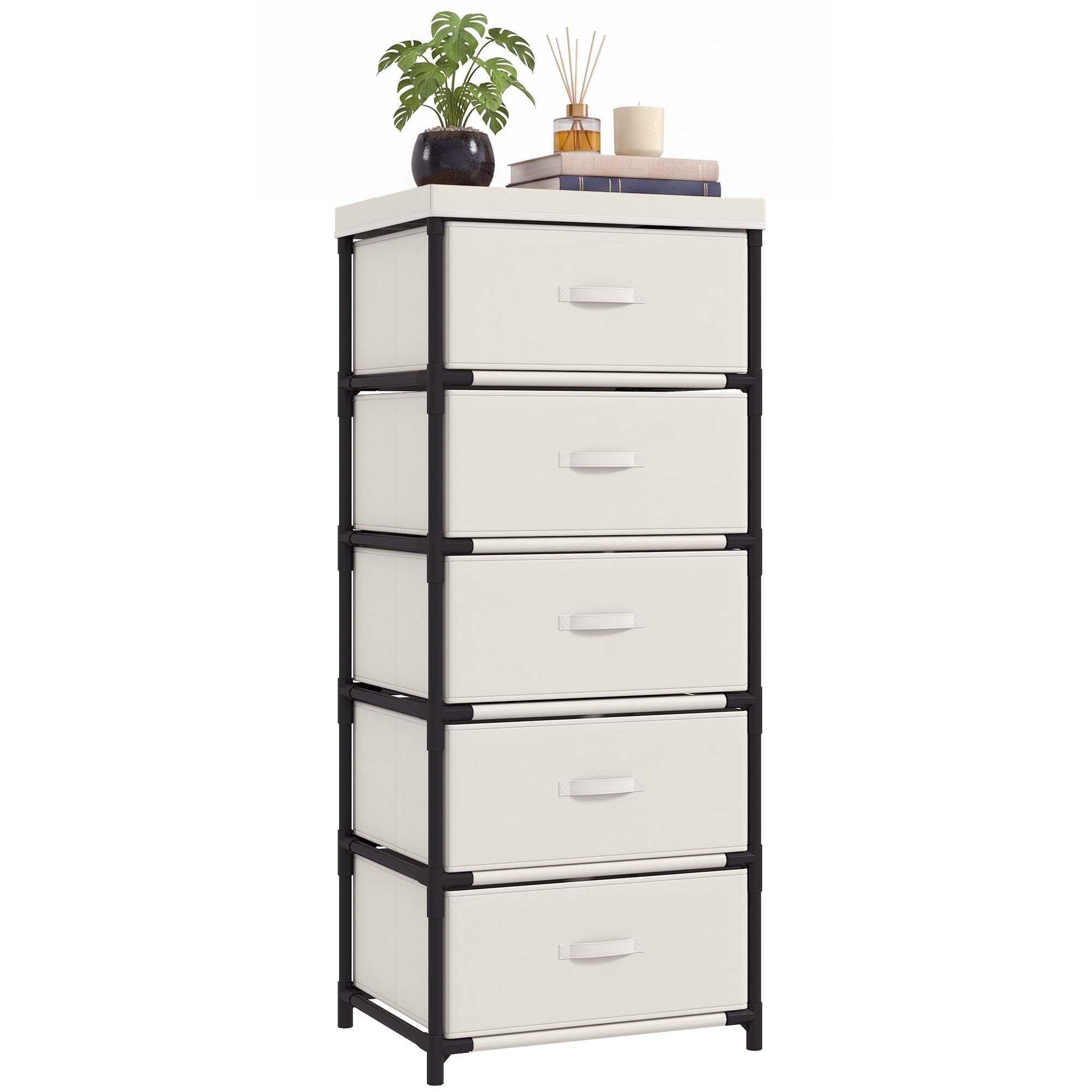 HOMCOM Cassettiera con 5 Cassetti, Mobiletto in Tessuto con Struttura in Acciaio, Montaggio Rapido, per Camera e Soggiorno, Beige e Nero