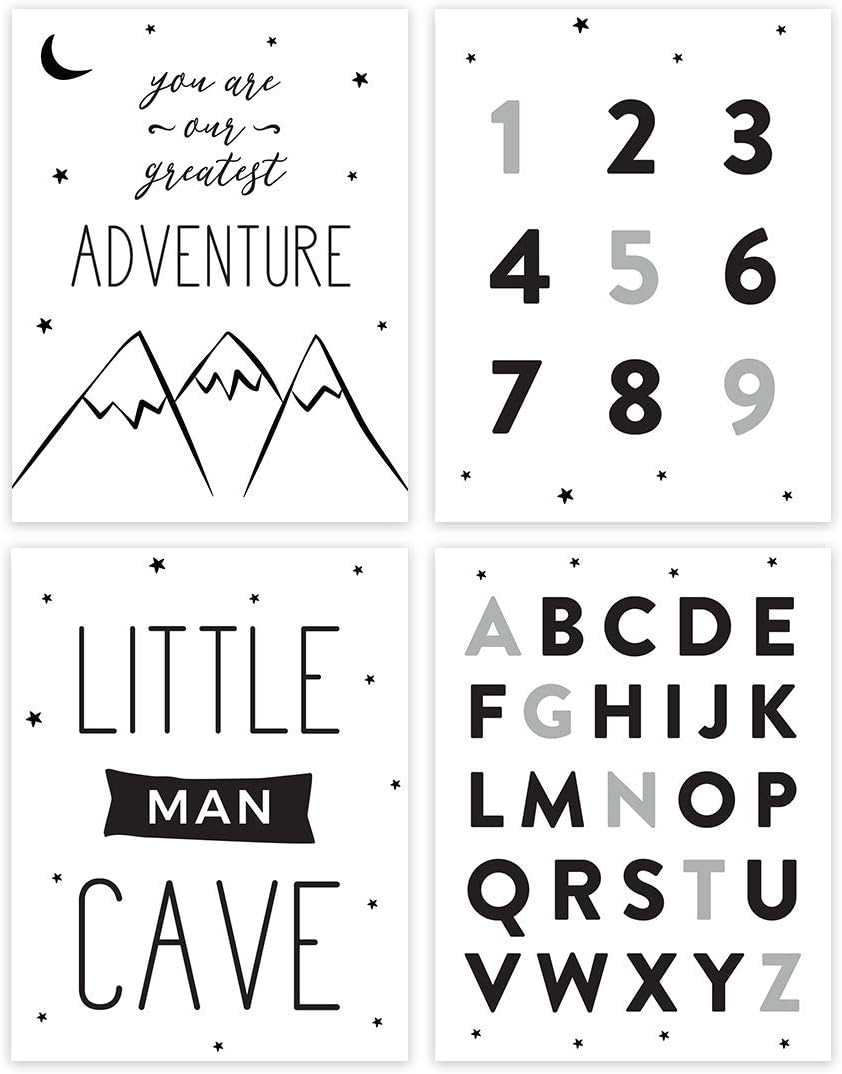 Andaz Press Minimalist Boys Nursery Kids Room Unframed Wall Art Poster Home Decor Gift, 8.5x11-inch, Black White Scandinavian, You are Our Greatest Adventure, Alphabet, 4-Pack, No Frames