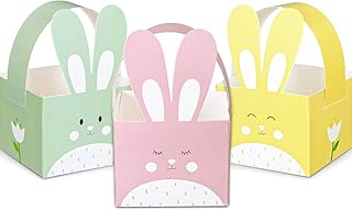 Whaline 24pcs Easter Treat Boxes Happy Easter Gift Box with Handle Cute Bunny Rabbit Easter Basket Containers Rabbit Shape Candy Goody Cookie Box Holder For School Classroom Party Favor Supplies