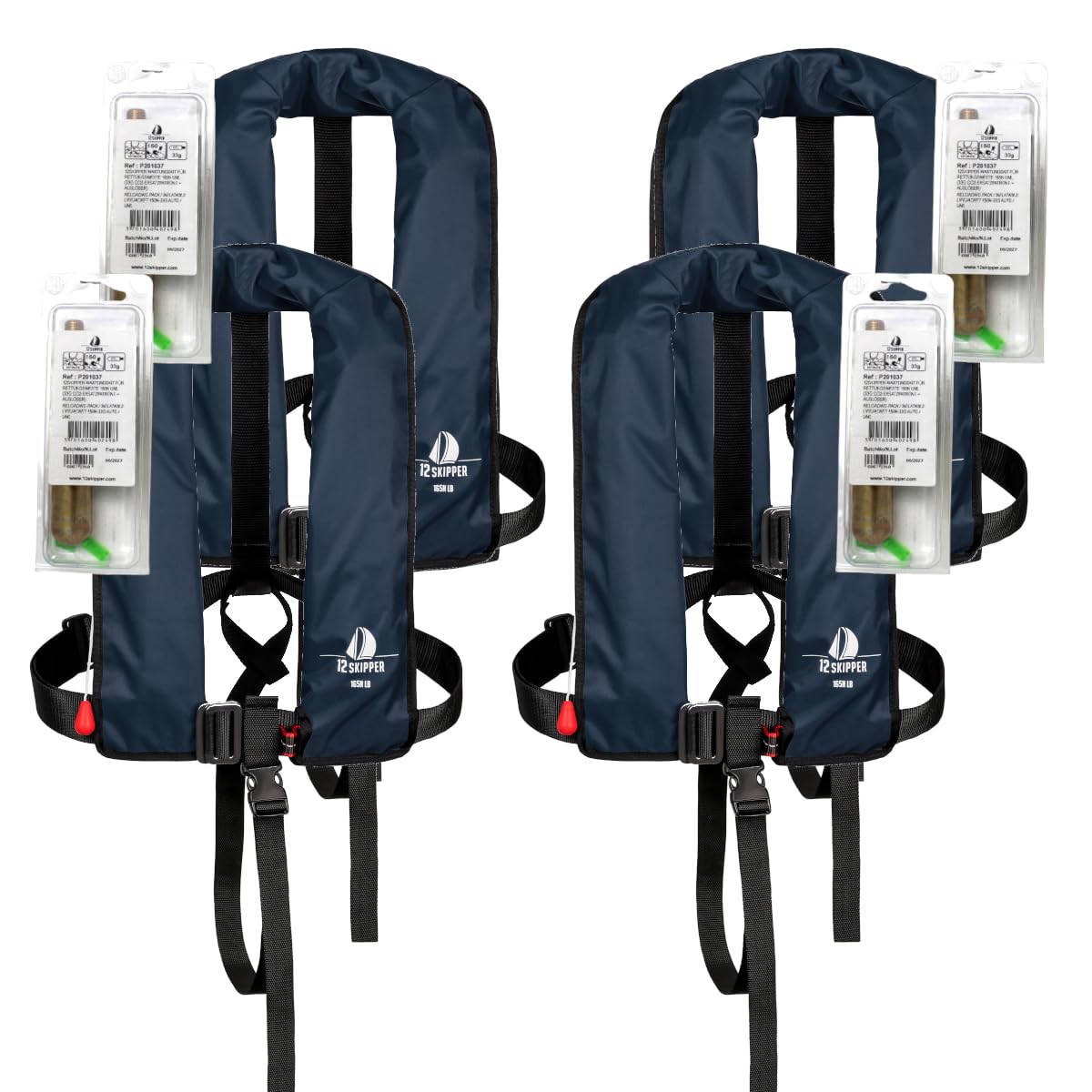 4er-Set Automatik-Rettungswesten 165N ISO mit Harness + 4 Wartungskits