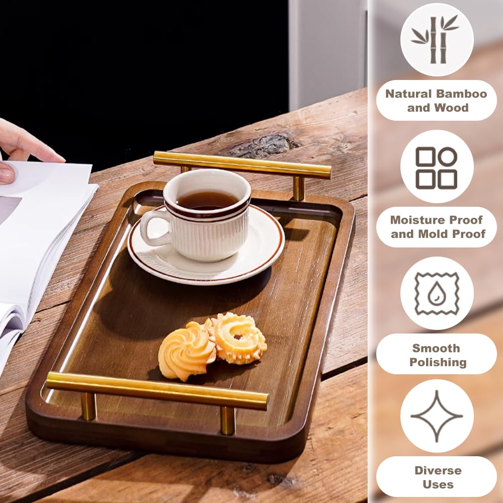 Vassoio rettangolare in legno di bambù naturale con manici, 30 cm, per cibo, caffè, bevande, tè, dessert, frutta e pane, ideale per la casa e la cucina