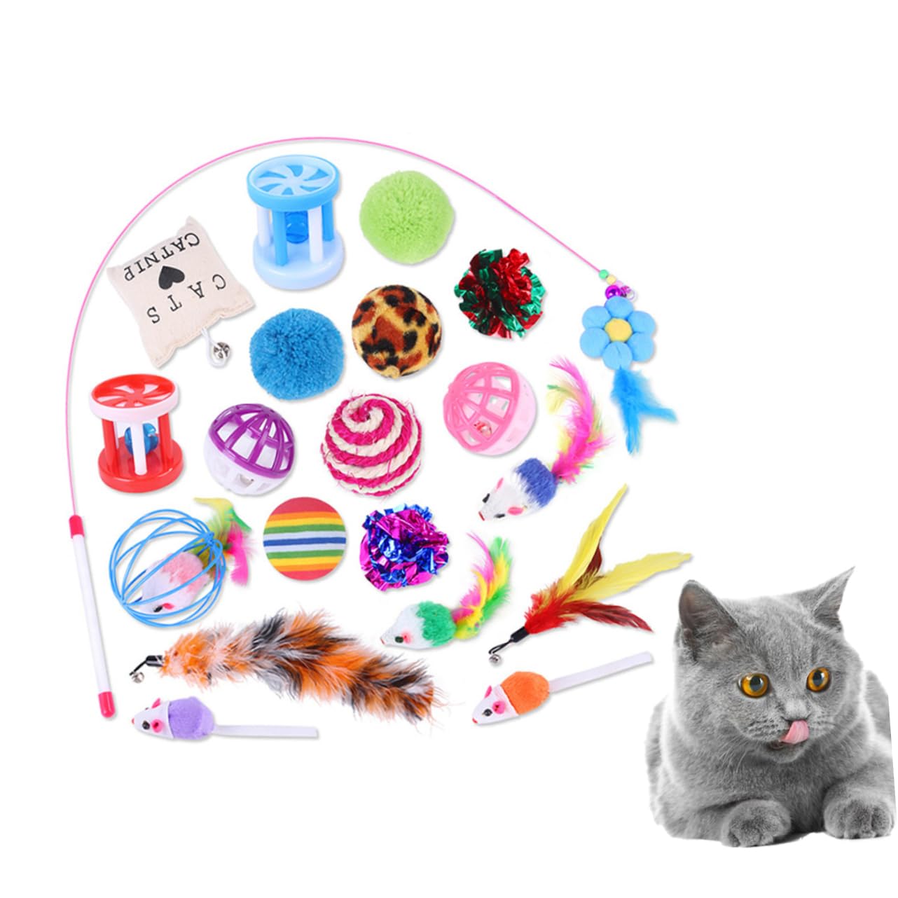 Kisangel 60pièces Set Jouets Interactifs pour Chats avec Clochettes Balles à Teaser Et Accessoires Amusants pour Chats Actifs