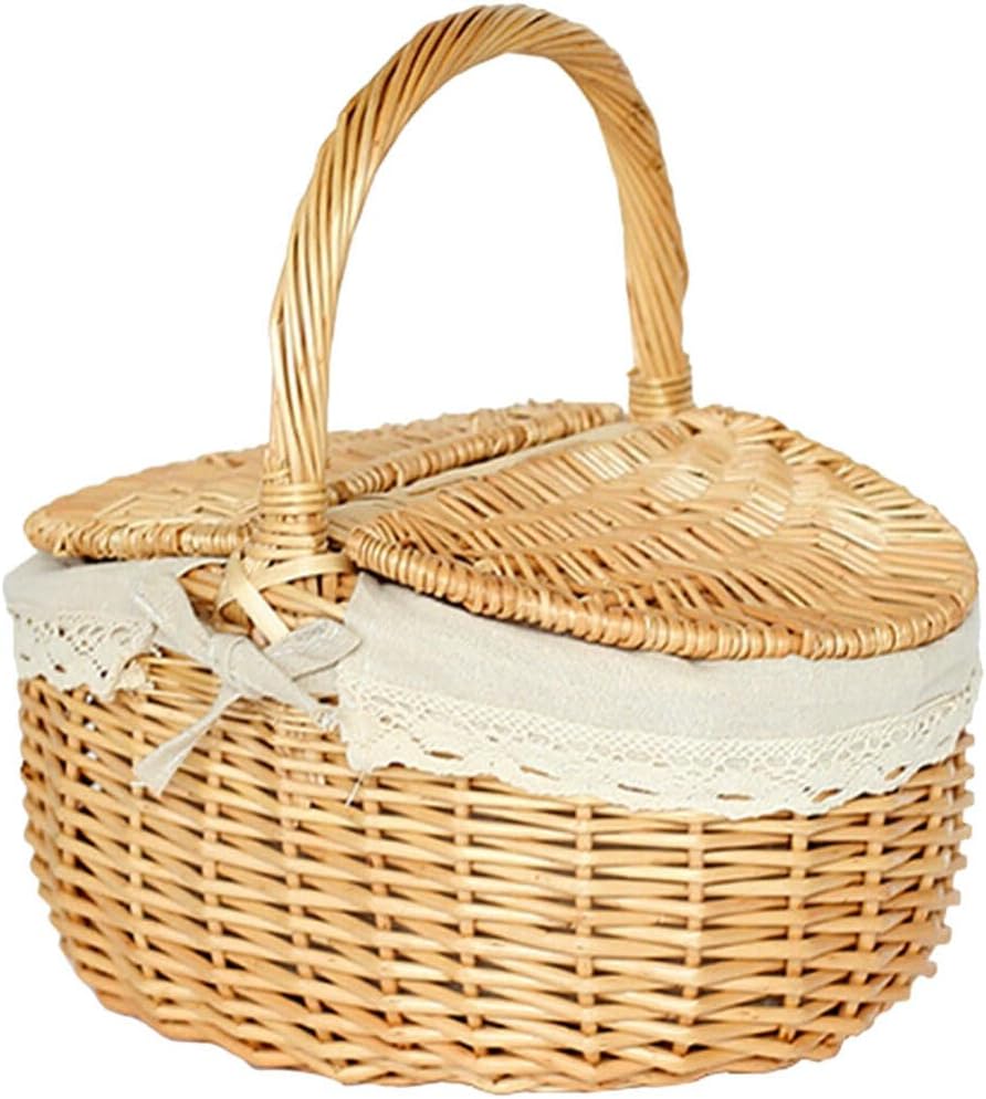 Wicker Picnic Basket with Lid Empty Picnic Basket with Liner Handle Outdoor Camping