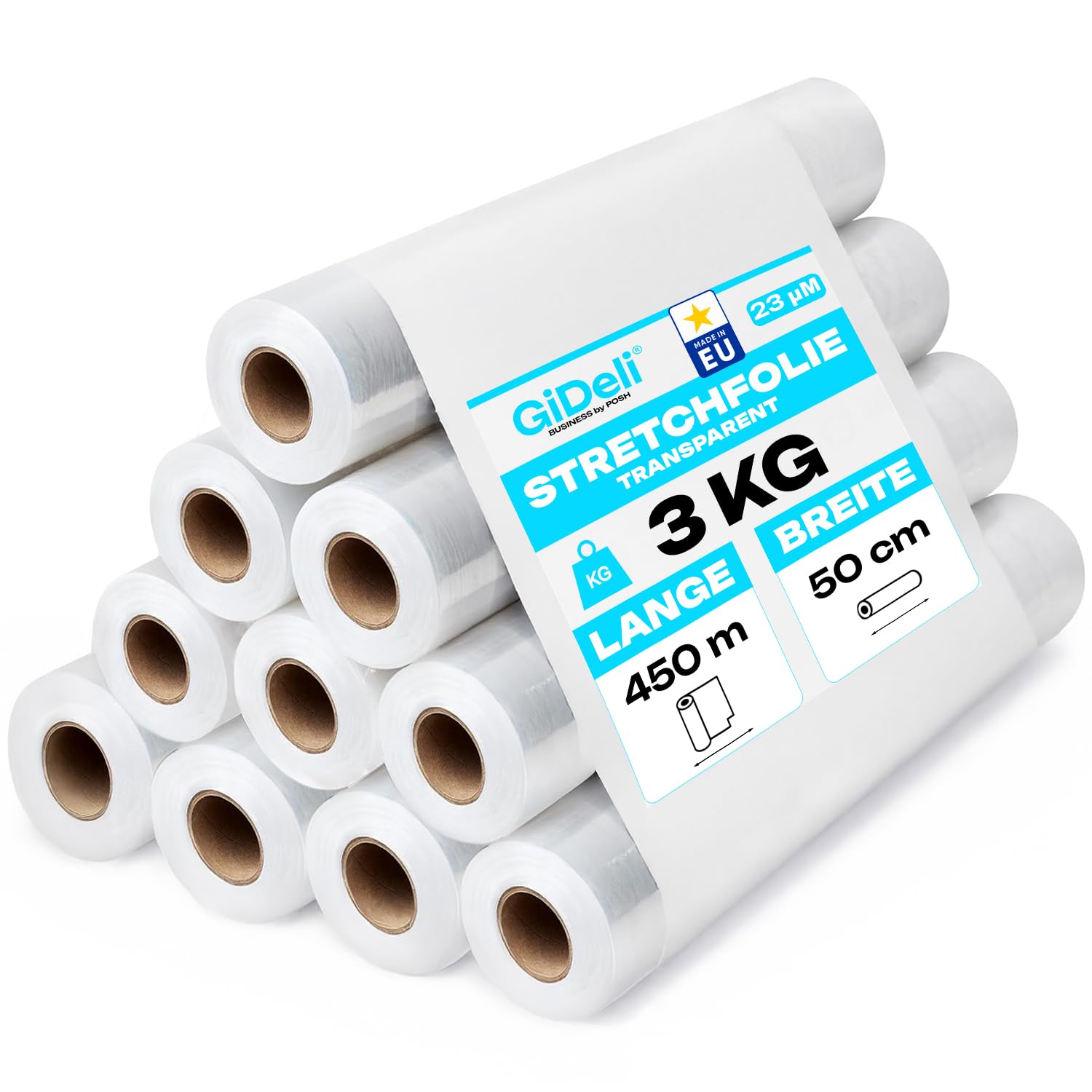 GiDeli Stretchfolie Transparent Strechfolienrolle - 10x Wickelfolie - Handstretchfolie 450m / 50cm Verpackungsmaterial - Verpackungsfolie auf Rollen - Folie Für Möbel - Folien Für Umzug - Umzugsfolie