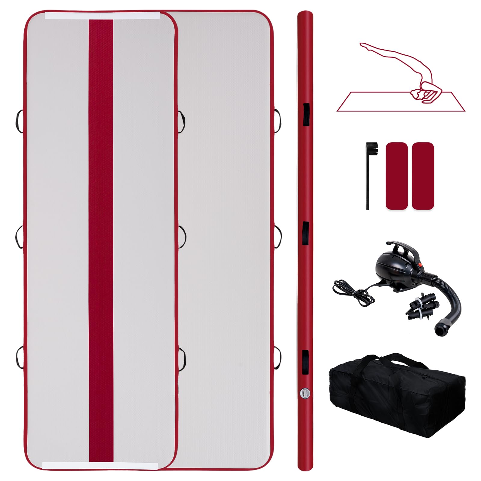 Tuxedo Sailor Inflatable Gymnastics Mat with Electric Pump, Storage Bag, Repair Kit–Air Mat for Home Training, Cheerleading, Yoga