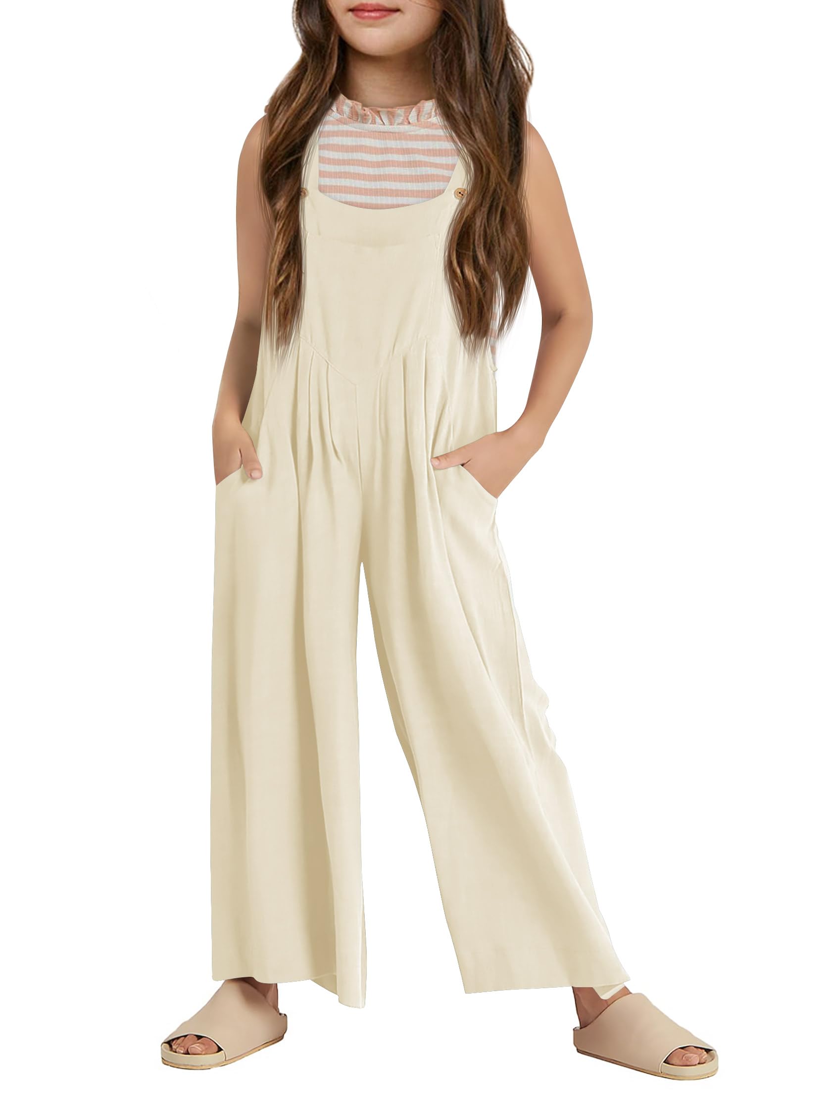 Haloumoning Girls Overalls Kids Casual Sleeveless Wide Leg Jumpsuit Loose Rompers with Pockets 5-14 Years