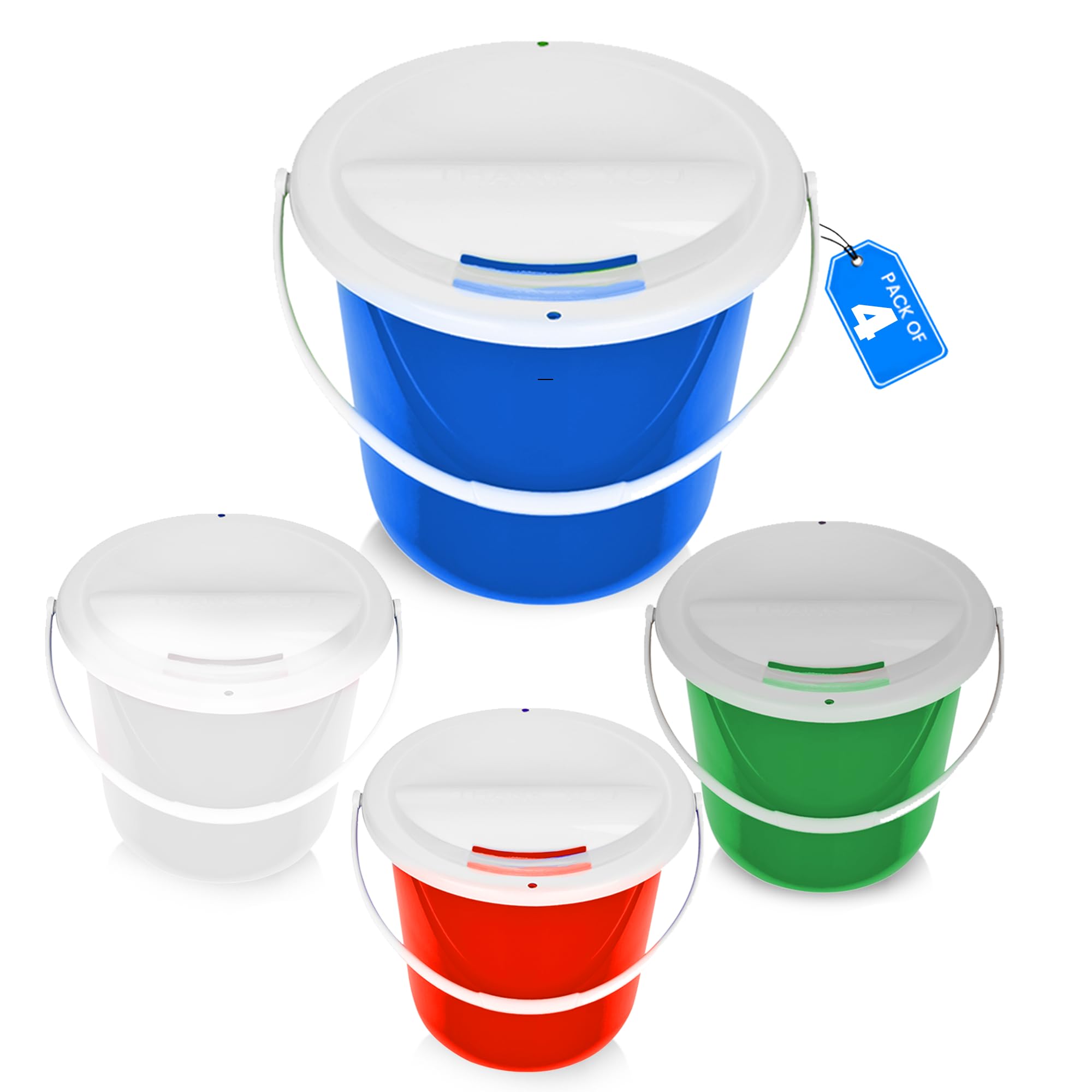 - Plastic coin collection Bucket with removable lid and handle charity donation collection money box pail for fundraising with top slot for tickets raffles and money 7.5"Hx8.3"Diameter(multicolor)4 pack