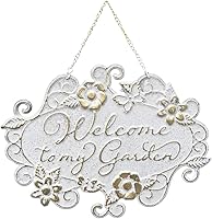 Rustic Farmhouse 'Welcome to My Garden' Metal Hanging Yard Sign - Vintage White Outdoor Garden Wall Decor