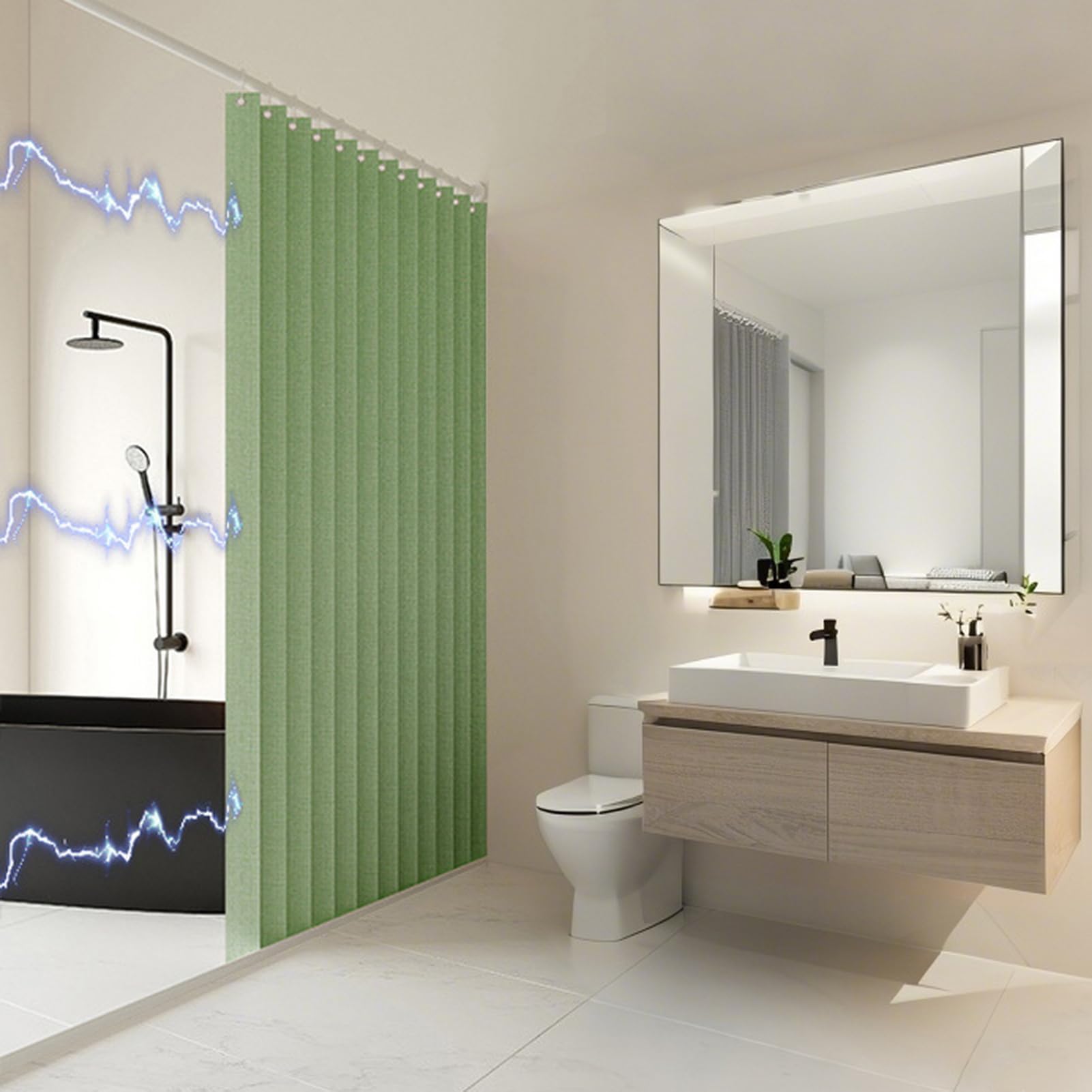 Cortina de Ducha Magnética Plegable Impermeable y Antimoho, Cortinas de Ducha de Tela Plisada, Resistentes y Lavables para Baño, 340g/m², Verde Manzana, 80x200cm
