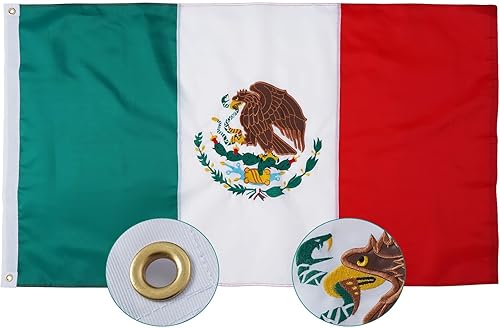 Miniatura 8 de SYII Bandera mexicana de 3 x 5 pies para exteriores, banderas México bordadas con 2 ojales de latón y rayas cosidas, poliéster 210D resistente