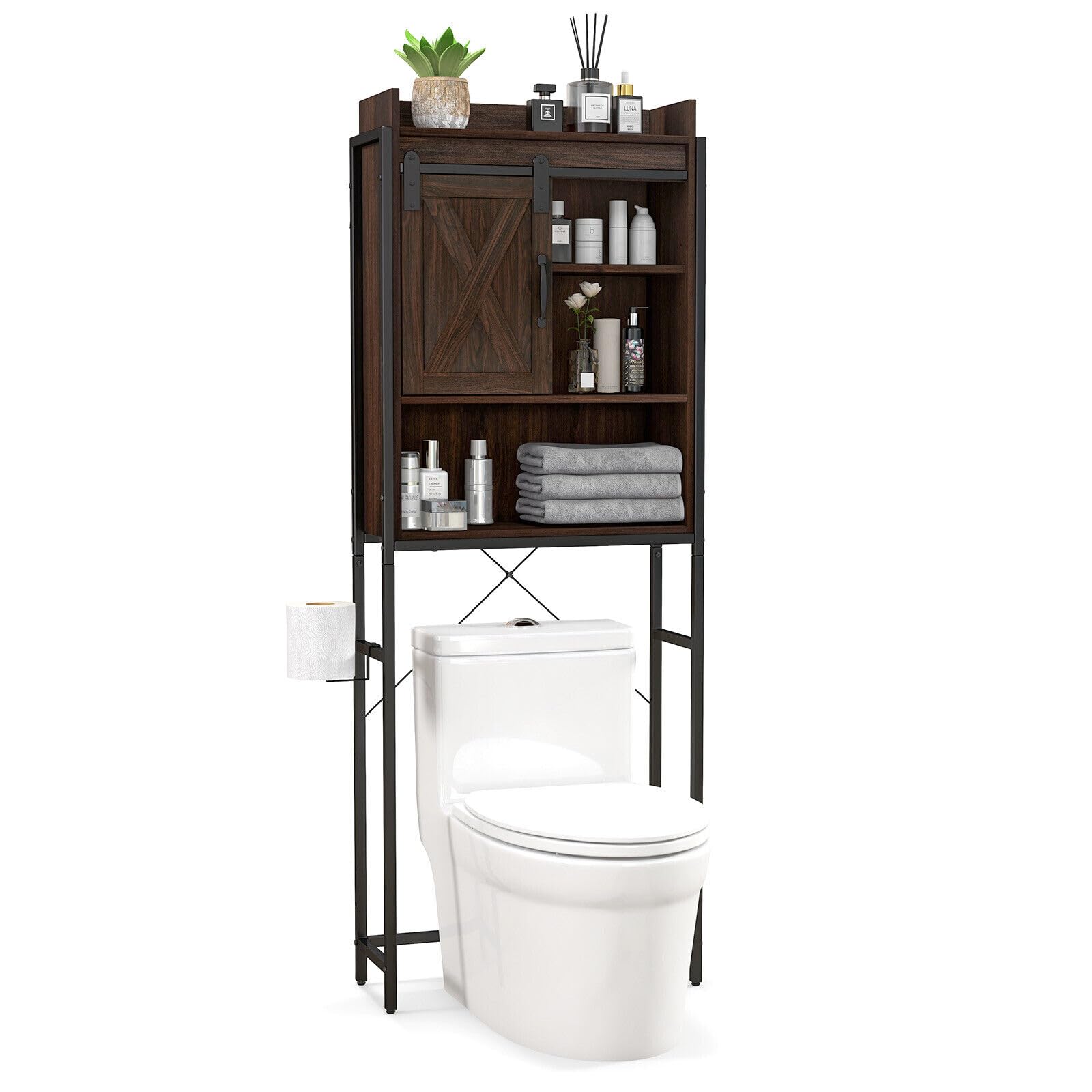 LOKO Over The Toilet Storage Cabinet, Freestanding Bathroom Space Saver with Adjustable Shelves & Sliding Barn Door, 4-Tier Over Toilet Bathroom Organizer, 25 x 9.5 x 67.5 inches (Espresso)