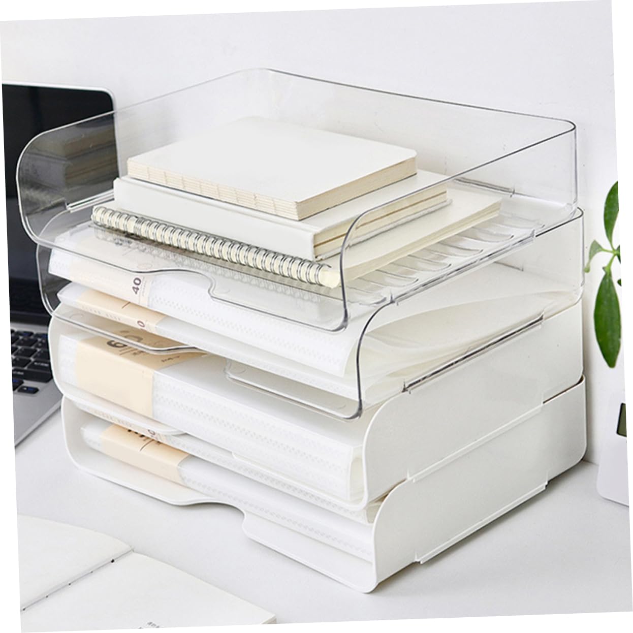 HOMSFOU Bandeja Organizadora de Papel de Escritorio Apilable 4 Uds Pet | Organizador de Papeleo para Oficina y Hogar, Diseño Elegante, Uso del Espacio