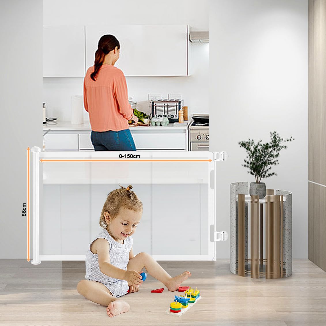 UISEBRT Veiligheidshek, intrekbaar, 0 tot 180 cm, veiligheidsbarrière voor baby's, kinderen en honden, barrière voor binnen en buiten, wit