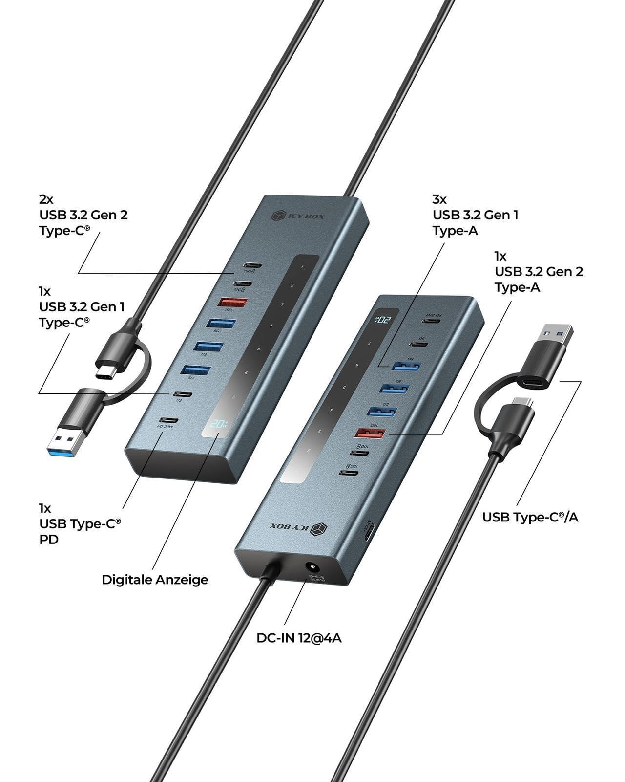 ICY Box, Hub USB C/A 9 in 1, 2 X USB-C & 4 X USB-A, 10 Gbit/s, 100 W PD, 20 W, porta di ricarica in alluminio, adattatore di alimentazione 12 V/4 A, IB-HUB1743-CPD