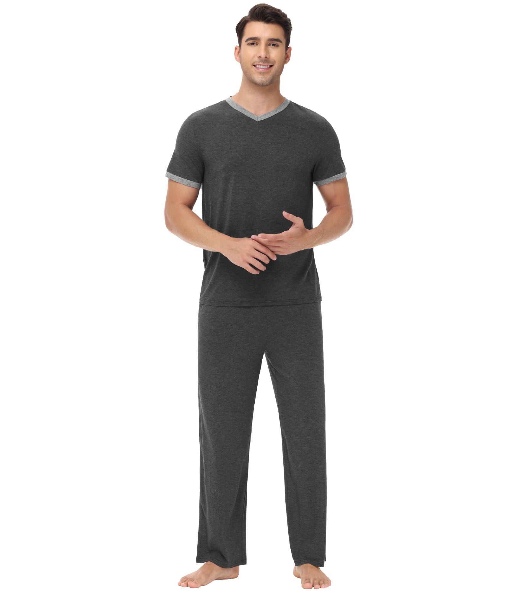 Mens Pajamas Set Viscose from Bamboo Short Sleeve Sleepwear Knit Nightwear 2 Pieces Loungewear Sets S-XXL-image-44