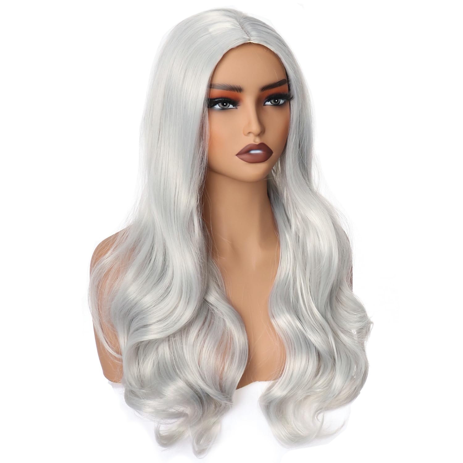 colorful panda 24 inch / 60cm Long Grey Wavy Curly Wig for Women Middle Part Full Wigs Heat Resistant Synthetic Halloween Costume Cosplay Wig (Silver Gray) - Image 2