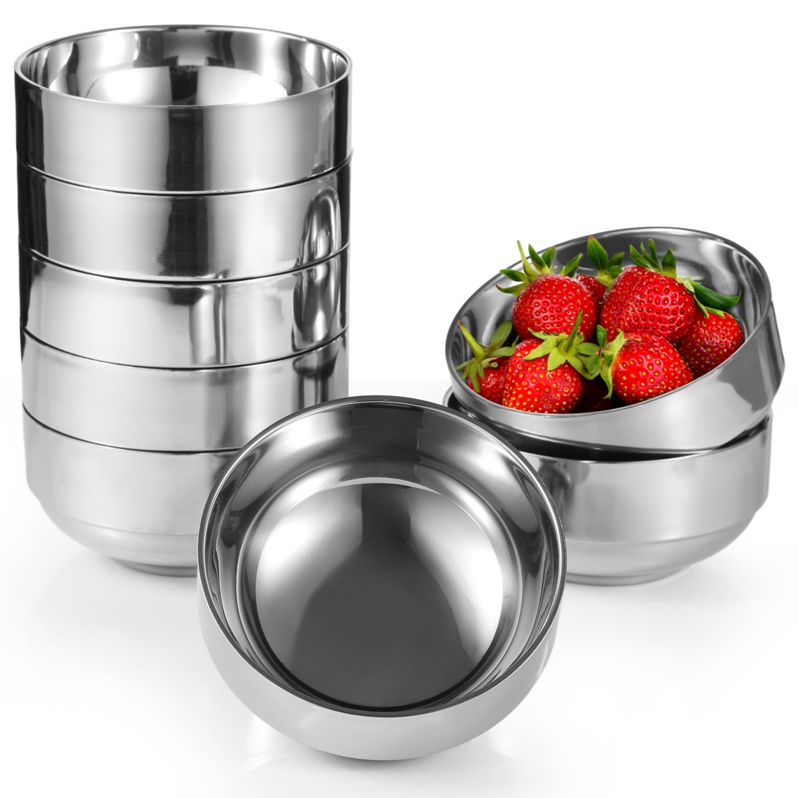 8 Stk. Edelstahl-Schalen, doppelwandig isolierte Metallschalen, robuste Schalen für Suppe und Müsli, stapelbar zum Servieren von Speisen, vielseitig für Nudeln, Dessert, Salat und Vorspeisen