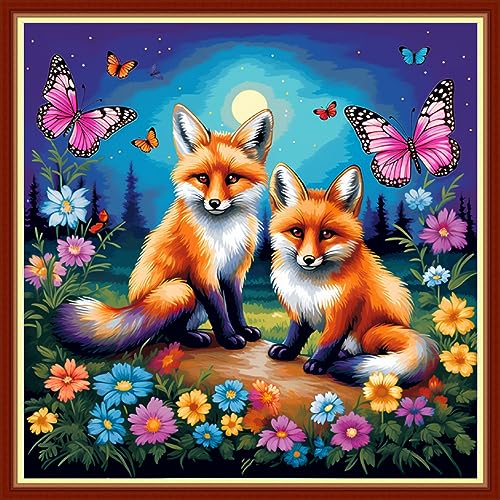 Image of Foxhool Beginners Cross Stitch Kits Stamped Full Range of Embroidery Kits for Adults DIY Cross Stitches kit Embroidery Patterns for Needlepoint kit-Colorful Fox Butterfly 17.7x17.7 inch