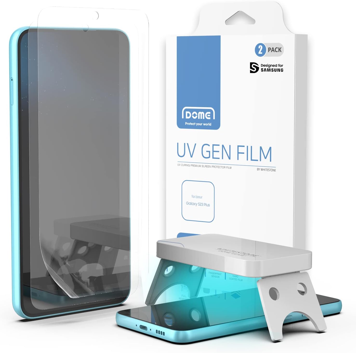 Whitestone DOME UV GEN Film [Tempered glass-like] screen protector for Galaxy S23 Plus with UV lamp [2pack]