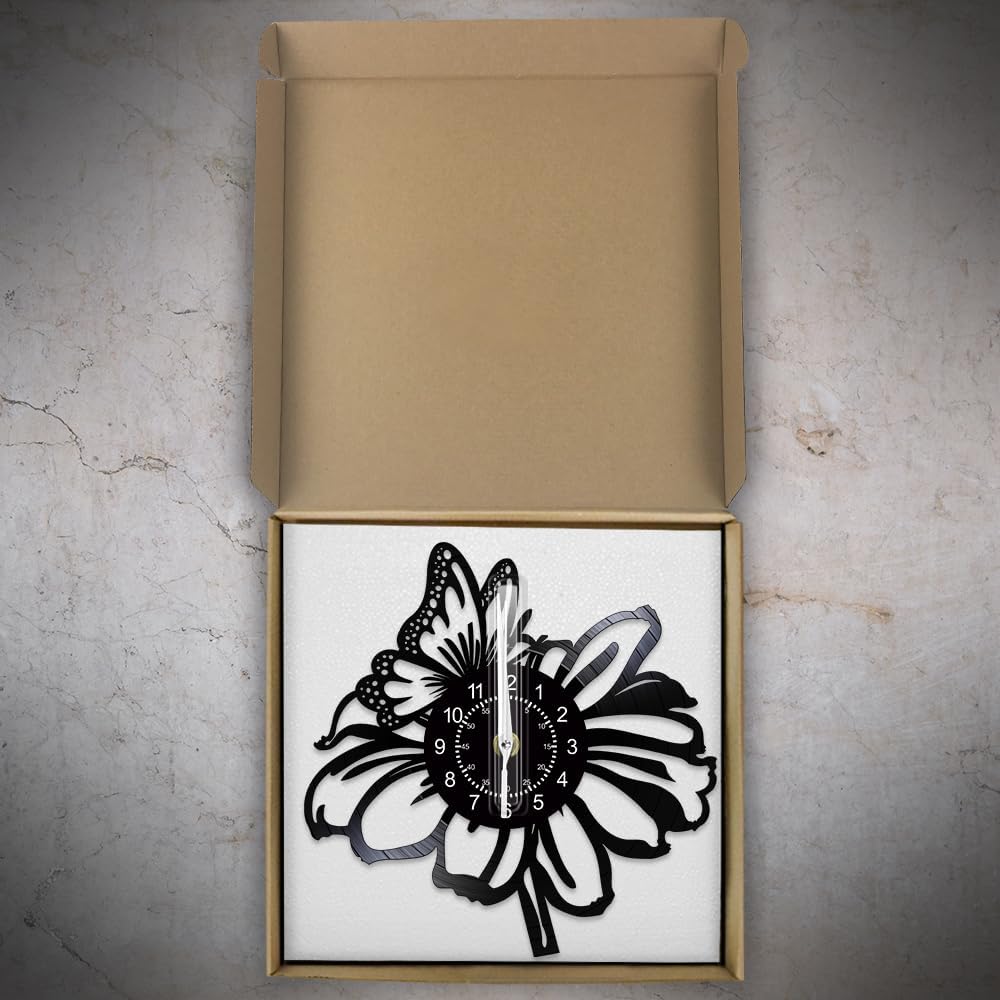 Flowers with a Butterfly Wall Clock, 7 Colors Luminous 12 Inch Night Light Wall Lamp Clock, Silent Quartz Non Ticking Modern Decorative Vinyl Record Wall Clock for Girls Room Garden Park Gift
