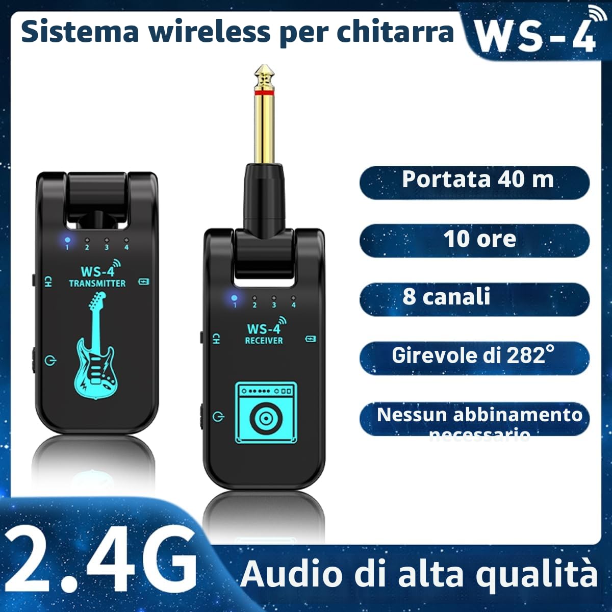 Sistema Wireless per Chitarra 2,4 GHz 8 Canali Trasmettitore Ricevitore per Chitarra Elettrica, Bassi
