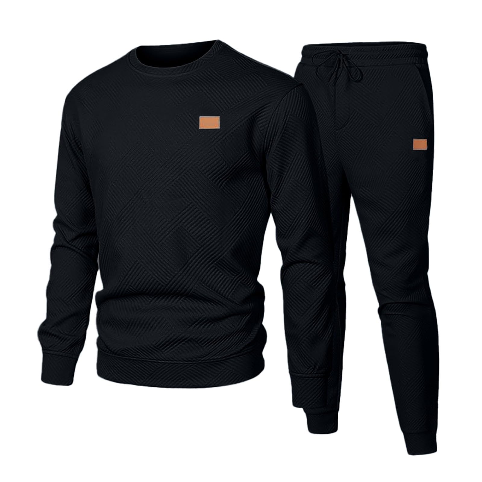 Conjunto de chándal de ajuste holgado para hombre, conjunto completo de dos piezas, color liso, cuello redondo, sudadera casual y pantalones deportivos con bolsillos para uso diario casual y