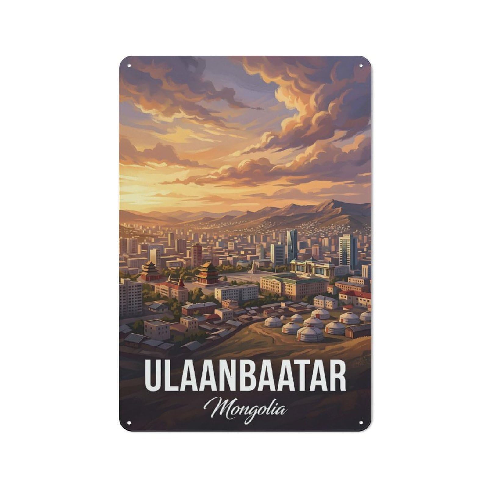 Junmoney Style-3 Metal Gift Sign With Ulaanbaatar Mongolia Cityscape Design 30X20cm, Character Room Wall Plaque For Flat, Dorm Room, Lounge Or Cafe