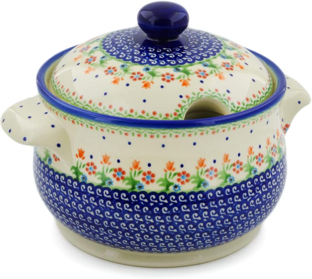 Polmedia Polish Pottery Tureen - Spring Flowers Pattern Handmade in Boleslawiec Poland by Ceramika Bona + Certificate of Authenticity