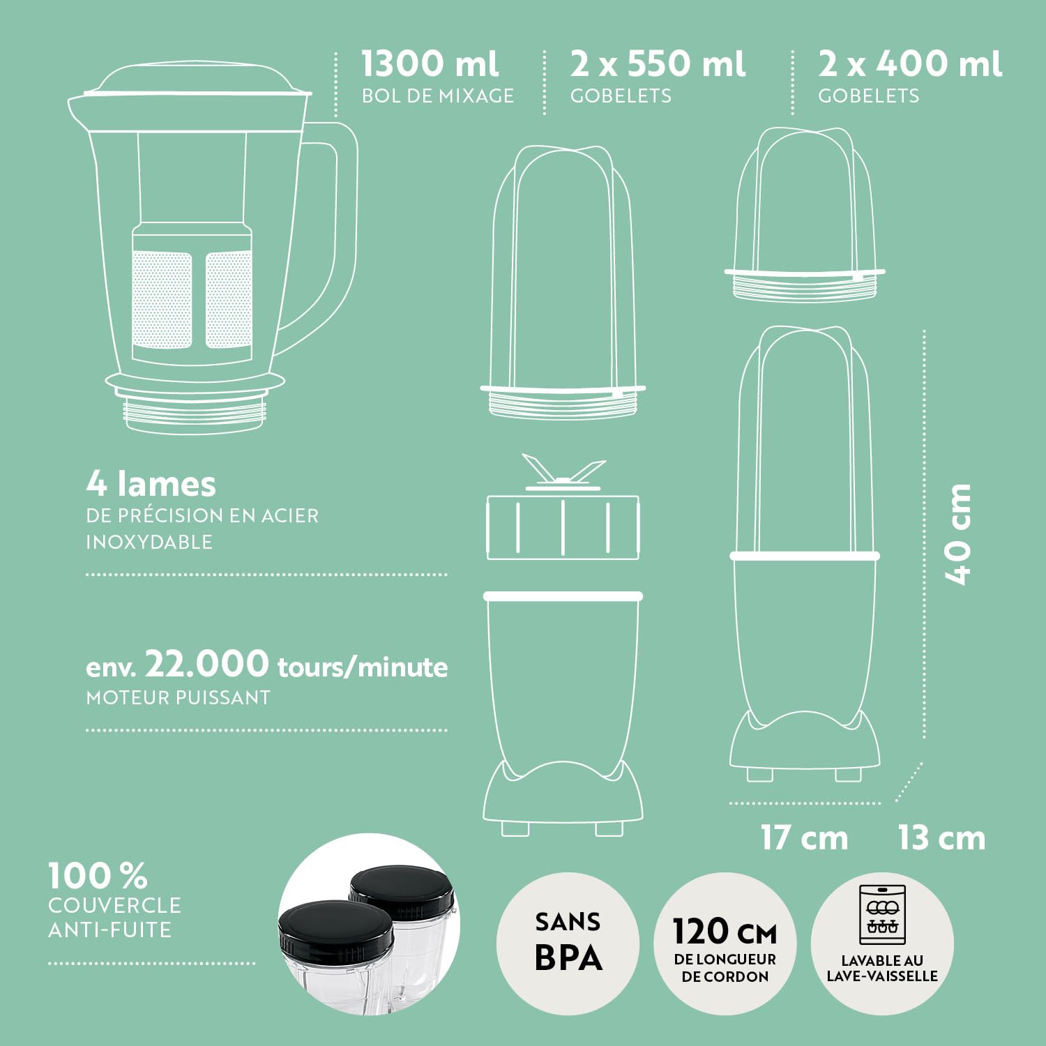 GOURMETmaxx Mr. Magic Mixer | Smoothie Maker avec paquet d'accessoires XXL | 18 pièces | Blender avec couvercles anti-fuite pour conserver la fraîcheur | Pour shakes, smoothies etc.