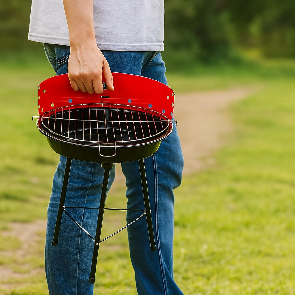 Barbecue a Carbonella ECO – Ø 35 cm x 45 cm h – In Acciaio Verniciato con Griglia Cromata Regolabile e Paravento – Compatto, Leggero, Facile da Montare – Lemag SRL